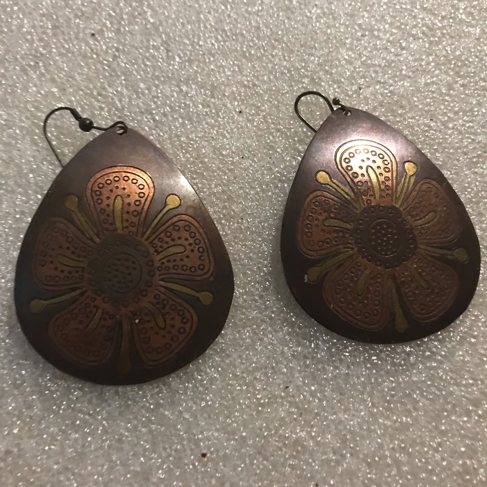 Handcrafted Brown Copper Floral Teardrop Earrings